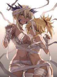 2girls artoria_pendragon artoria_pendragon_(fate) artoria_pendragon_(lancer)_(fate) artoria_pendragon_(lancer_alter) ass bandage bandage_on_face bandaged_arm bandaged_chest bandaged_head bandaged_leg bandages bangs bare_shoulders belly belly_button black_nails blonde blonde_eyebrows blonde_female blonde_hair blonde_hair_female breasts claw_pose clawed_fingers claws covered_breasts covered_nipples dark-skinned_female dark_skin eyebrows_visible_through_hair fate/apocrypha fate/grand_order fate/stay_night fate_(series) female female_only green_eyes hair_between_eyes hair_ornament hair_scrunchie human large_breasts looking_at_viewer mordred_(fate) mordred_(fate/apocrypha) mother_and_daughter multiple_girls mummy_costume nail_polish navel nipples no_bra pout saber scrunchie small_breasts teeth teeth_showing tonee underboob upper_teeth white_background wrappings yellow_eyes rating:Questionable score:153 user:Wavy_falls