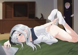 1girls ass blue_eyes bottomless brother_and_sister caught caught_masturbating chernyyvo hair_ornament kaguya-sama_wa_kokurasetai_~tensai-tachi_no_renai_zunousen~ long_hair lying_on_stomach masturbation on_bed school_uniform schoolgirl shirogane_kei shirogane_miyuki shuuchiin_academy_uniform socks vibrator vibrator_in_pussy watching_porn white_hair rating:Explicit score:207 user:NotVortex