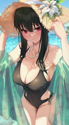 1girls beach bikini black_hair diadem female fringe hat pale-skinned_female petite red_eyes shy solar_(happymonk) spy_x_family yor_briar yor_forger rating:Questionable score:151 user:Neop0litan