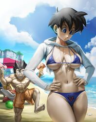 1boy 3girls android_18 beach big_breasts bikini black_hair blonde_hair blue_eyes breasts bulma_briefs chair clothing cropped_jacket curvy_female dragon_ball dragon_ball_z elitenappa female ice_cream light-skinned_female light_skin male muscular_male ocean sand son_gohan swimming_trunks swimsuit thick_thighs thin_waist umbrella videl water wide_hips rating:Explicit score:242 user:Rex_Hollins