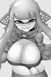 agent_3_(splatoon) alternate_breast_size big_breasts blush breasts clothed clothes clothing eyebrows greyscale huge_breasts humanoid inkling large_breasts looking_at_viewer monochrome nobunagapero peronattu splatoon struggling_to_fit sweat top_heavy rating:Questionable score:91 user:inkloving