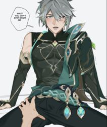 1boy 1other alhaitham_(genshin_impact) blush bulge clothed clothed_male disembodied_hand erection_under_clothes flushed flustered genshin_impact gray_hair green_eyes grey_hair human male male_only nipples_visible_through_clothing shaking yukaero4 rating:Explicit score:77 user:alhaitham