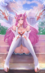 bare_shoulders blush cleavage detailed_background female female_only fully_clothed kai'sa knees_together_feet_apart league_of_legends long_hair looking_at_viewer outside pink_eyes pink_hair sitting solo solo_female star_guardian_kai'sa star_guardian_series thighhigh_boots thighhighs upskirt windwalker rating:Explicit score:186 user:Vulovecc12