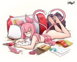 1girls arc_system_works bakeneko bed blazblue candy cat_ears cat_tail chips_(food) electronics food game_console game_controller kemonomimi kokonoe lollipop long_hair monster_girl nintendo nintendo_3ds nude orange_eyes pale_skin petite pink_hair skijjy_f small_breasts split_tail rating:Explicit score:45 user:Gajulaman