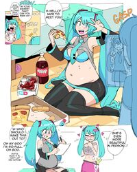 2girls bbw belly big_belly blue_eyes blue_hair breasts chubby clothing eating english_text fat female female_only food hatsune_miku lewdlemage light-skinned_female light_skin long_hair obese stuffed stuffed_belly text vocaloid rating:Explicit score:114 user:degen444