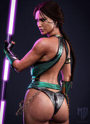 1girls 3d 3d_(artwork) armband ass big_ass black_background bodysuit brown_hair dark-skinned_female dark_skin dat_ass female female_only green_eyes hair_over_one_eye hand_on_hip jade_(mortal_kombat) leotard looking_at_viewer manbasama mortal_kombat mortal_kombat_11 nail_polish solo tan-skinned_female thick_thighs thighs rating:Questionable score:99 user:Crcole331