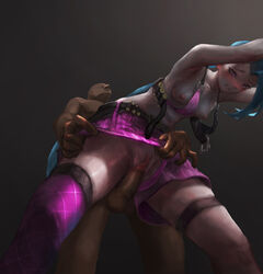 2020 bent_over biting_lip blue_hair blush breasts censored from_below jinx_(league_of_legends) large_penis league_of_legends long_hair navel oh-yeeeeeah penis pink_eyes pussy riot_games sex shorts shorts_aside shorts_pull single_thighhigh skindentation small_breasts standing tagme thighhighs vaginal_penetration very_long_hair rating:Explicit score:26 user:AbsoluteTerritory