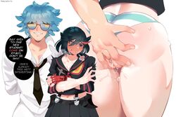 1boy 1girls blush fingering kill_la_kill matoi_ryuuko mawiedz mikisugi_aikurou panties panties_aside senketsu shimapan vaginal_fingering vaginal_insertion white_background rating:Explicit score:109 user:Who1Am