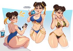 1girls ass belly_button beverage big_ass big_breasts big_butt bikini bikini_bottom bikini_top blue_bikini breasts brown_eyes brown_hair capcom cellphone chun-li closed_eyes drinking drinking_straw earrings female female_only gold_chain gold_jewelry hairbun hairbuns huge_breasts looking_at_viewer magaska19 smartphone stomach street_fighter street_fighter_alpha string_bikini string_panties surprised surprised_expression sweat swimsuit thick_thighs towel_around_neck wide_hips rating:Explicit score:382 user:Updeetz