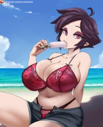 barely_contained beach bursting_breasts busty cleavage curvaceous curvy curvy_female dark_hair divine_wine elf_ears eyeshadow las_demoniacas_desventuras_de_vampiranhya massive_breasts overflowing_breasts plump_breasts pointy_ears popsicle popsicle_melting red_eyes red_underwear short_hair shorts tagme thick thick_thighs unbuttoned_shorts vampiranhya vampiranhya_(artist) voluptuous wet_breasts rating:Explicit score:260 user:ar1213