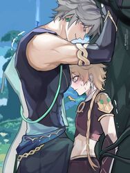 2boys aether_(genshin_impact) against_wall alhaitham_(genshin_impact) biceps blonde_hair blush bound bound_arms braid bulge cuppydraws erection erection_under_clothes femboy gay genshin_impact green_eyes grey_hair male male/male male_only midriff muscular muscular_male nervous nervous_sweat pecs restrained size_difference smile sweatdrop taller_male twink yaoi rating:Explicit score:643 user:Monalicious