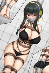 1girls belly_button black_hair blush bondage bound bra breasts cleavage gag gagged hi_res long_hair panties plusout red_eyes restrained rope rope_bondage solo spy_x_family sweat tape tape_gag taped_hands thighs tiara tied tied_up underwear yor_briar rating:Explicit score:135 user:shruck