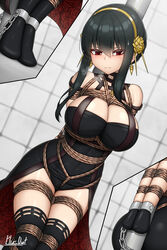 1girls black_hair blush bondage boots bound breasts cleavage dress hi_res long_hair plusout red_eyes restrained rope rope_bondage solo spy_x_family stockings sweat thighs tiara tied tied_up yor_briar rating:Explicit score:84 user:shruck