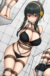 1girls belly_button black_hair blush bondage bound bra breasts cleavage hi_res long_hair panties plusout red_eyes restrained rope rope_bondage solo spy_x_family sweat thighs tiara tied tied_up underwear yor_briar rating:Explicit score:87 user:shruck