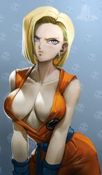 1girls absurd_res android_18 blonde_hair blue_eyes breasts cleavage dragon_ball dragon_ball_z elitenappa female female_only hi_res krillin kuririn large_breasts realistic solo rating:Explicit score:209 user:WatchTheLanguage