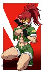 abs alternate_version_available breasts gloves glowing_eyes ikari_warriors king_of_fighters large_breasts leona_heidern mergeritter nipple_slip nipples open_clothes orochi_leona red_hair snk solo sweat rating:Explicit score:33 user:Danganronpa2