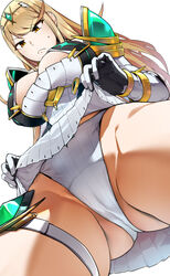 1girls 2022 armor armored_boots armored_dress armored_gloves bakkanki big_breasts blonde_hair breasts brown_eyes cameltoe clothed clothed_female clothing female female_focus female_only frown gloves hair_ornament huge_breasts leg_strap legband light-skinned_female light_skin long_gloves looking_at_viewer low-angle_view monolith_soft mythra nintendo_switch pale-skinned_female pale_skin panties satoriwappa simple_background skirt_lift skirt_up solo solo_female super_smash_bros. super_smash_bros._ultimate sweat upskirt white_background xenoblade_(series) xenoblade_chronicles_2 yellow_eyes rating:Questionable score:154 user:Anonymous77