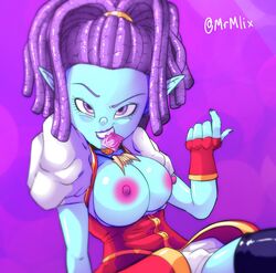 1girls areolae big_breasts blue_body blue_skin breasts cleavage clothing come_hither condom condom_in_mouth dragon_ball dragon_ball_super dreadlocks exposed_breasts female female_only inviting inviting_to_sex macki mouth_hold mrmlix naughty_face nipples pointy_ears purple_eyes purple_hair purple_lipstick seductive_smile rating:Explicit score:76 user:TetTet