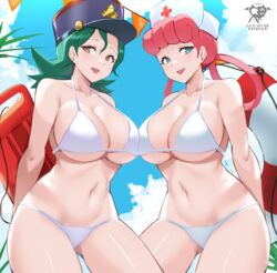 2022 2girls absurd_res alternate_breast_size beach bikini blue_eyes breasts brown_hair cleavage female female_only floatie g-string green_eyes hips huge_breasts kaos_art nintendo nurse nurse_cap nurse_joy nurse_outfit nurse_uniform officer_jenny_(pokemon) outdoors pink_hair pokemon pokemon_(anime) police slim_waist thick_thighs thighs thong white_bikini white_g-string white_thong wide_hips rating:Questionable score:297 user:ZetaReborn