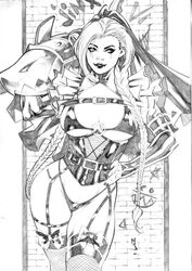 1girls big_breasts braided_hair dominant_female ed_benes_studio female female_only femme_fatale jinx_(league_of_legends) latex_suit latex_thong league_of_legends long_hair monochrome seductive_smile skin_tight solo rating:Explicit score:11 user:Dragon98