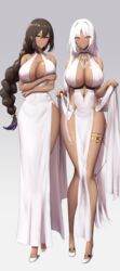 2022 2girls absurd_res azur_lane braided_hair breasts brown_hair brown_skin cleavage cleavage_dress dark-skinned_female dark_skin dress elegant_dress female female_only forehead_mark green_eyes heels high_heels hips huge_breasts light_blush long_hair looking_at_viewer massachusetts_(azur_lane) naughty_face orange_eyes shiroshisu shoes side_slit simple_background slim_waist smile south_dakota_(azur_lane) thick_thighs thighs white_dress white_hair wide_hips rating:Questionable score:282 user:ZetaReborn