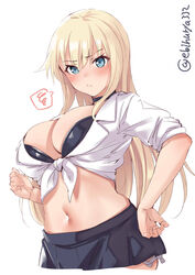 1girls big_breasts bismarck_(kantai_collection) black_skirt blonde_hair blouse blue_eyes blush bra breasts choker cleavage cowboy_shot ebifurya eyelashes eyeliner female female_only front-tie_top highres kantai_collection large_breasts lingerie long_hair makeup midriff miniskirt navel one-hour_drawing_challenge pleated_skirt school_uniform shirt simple_background skirt solo stomach tied_shirt twitter_username white_background rating:Questionable score:54 user:grimmriper25