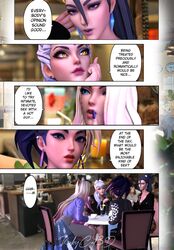 3d 4girls ahri akali comic dialogue evelynn fully_clothed k/da_series kai'sa kinkykatt3d league_of_legends light-skinned_female looking_at_viewer looking_away restaurant tagme talking text_bubble rating:Explicit score:30 user:AnimeLov3rxXx