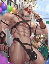 1boy abs arataki_itto arm_strap balloon balls bangs bare_shoulders biceps black_gloves blonde_hair blue_sky body_tattoo buildings bulge clenched_teeth collar confetti ear_piercing functionally_nude_male gauntlets gay gay_pride genshin_impact gorou_(genshin_impact) gradient_hair hair_ornament harness horns jockstrap khanosera leaning_against_railing long_hair looking_at_viewer lowering_sunglasses male male_focus male_only ms_hina_(genshin_impact) muscular_male nipples one_eye_closed orange_eyes outdoors outside pecs pride pride_colors pride_parade public pulling_down_sunglasses rainbow_horn rainbow_horns revealing_clothes side_balls skin_pattern smile smoke smooth_skin spiked_collar street_sign sunglasses tanned_male twitter_username waving white_hair wink rating:Explicit score:396 user:deleted106816