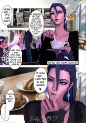 3d 4girls ahri akali coffee comic dialogue evelynn finger_in_mouth fully_clothed k/da_series kai'sa kinkykatt3d league_of_legends light-skinned_female restaurant tagme talking text_bubble rating:Explicit score:37 user:AnimeLov3rxXx