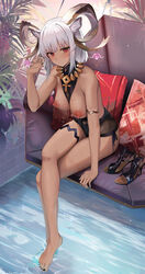 1girls arknights bare_shoulders blush carnelian_(arknights) crossed_legs dark-skinned_female dripping embarrassed female female_only heart-shaped_pupils high_heels high_heels_removed highres horn_accessory horns legs long_legs looking_at_viewer nail_polish nails one-piece_swimsuit one_hand_up pillows pool pout pouting red_eyes ru_zhai shoes_removed short_hair sitting solo swimsuit thigh_strap toenail_polish water wet_breasts wet_skin white_hair rating:Explicit score:127 user:Mivaza