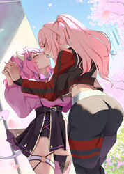 2girls ass big_ass blush closed_eyes dress hi_res holding_hands hololive hololive_english hololive_myth horn ironmouse jacket kissing monobe mori_calliope pants pink_hair ponytail short_hair skirt tail virtual_youtuber vshojo yuri rating:Questionable score:568 user:shruck