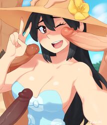 1girls 3boys :d artist_name bangs bare_shoulders black_hair blue_swimsuit breasts cleavage dark-skinned_male dark_skin day english_commentary female female_focus flower hat hat_flower heart heart-shaped_pupils heart_in_eye highres interracial large_breasts light-skinned_female light-skinned_male light_skin long_hair male_pubic_hair multiple_boys npc_trainer one_eye_closed outdoors penis pokemon pubic_hair red_eyes rob_ishi selfie shiny shiny_skin sightseer_(pokemon) smile straight sun_hat surrounded_by_penises swimsuit symbol_in_eye teeth upper_teeth yellow_flower rating:Explicit score:185 user:bot