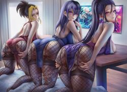 3girls ass ass_grab big_ass big_breasts black_hair blonde_hair blue_eyes blue_hair blush breast_rest dark_hair demon_slayer detailed_background female female_only finger_to_mouth fishnets garter_straps grabbing_own_ass hinatsuru_(kimetsu_no_yaiba) indoors japanese_clothes kimetsu_no_yaiba kneeling lirenya long_hair looking_at_viewer looking_back makio_(kimetsu_no_yaiba) mole_under_eye pantyhose patreon_username pelvic_curtain ponytail presenting presenting_hindquarters purple_eyes sideboob sleeveless smile spreading stockings suma_(kimetsu_no_yaiba) the_wives_(kimetsu_no_yaiba) thick_thighs two_tone_hair yellow_eyes rating:Questionable score:360 user:deleted101928