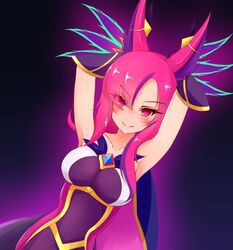 armpits arms_behind_head ayatori league_of_legends medium_breasts pink_eyes pink_hair star_guardian_series star_guardian_xayah xayah rating:Questionable score:18 user:MoeMoeMoe