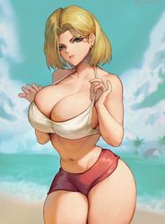 1girls android_18 big_breasts breasts curvaceous curvy curvy_figure dragon_ball dragon_ball_z sayanestia shounen_jump skimpy_clothes thick_thighs rating:Questionable score:233 user:mxfix_mxbbin