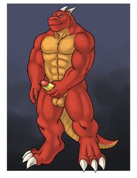  abs adios balls biceps dragon drayo erection horn humanoid_penis looking_at_viewer male male_only muscles nude penis red_dragon scalie solo standing the_farewelled  rating:explicit score: user:bot