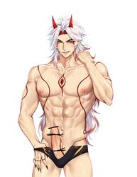 1boy abs absurdres arataki_itto bar_censor black_nails bracelet censored genshin_impact highres horns jewelry male_focus male_only medium_hair muscular muscular_male navel nipples oni oni_horns pale_skin pants penis red_eyes red_horns rourouki smile spiked_bracelet spikes sweat sweatdrop swimsuit tattoo testicles toned toned_male water_drop white_background white_hair rating:Explicit score:55 user:bot