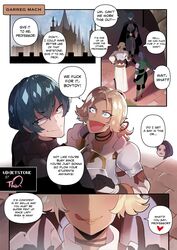 +_+ 1boy 2girls armor asymmetrical_hair blonde_hair blue_eyes blue_hair byleth_(fire_emblem) byleth_(fire_emblem)_(male) catherine_(fire_emblem) church comic commentary english_commentary english_text fire_emblem fire_emblem:_three_houses green_jacket highres jacket licking_lips multiple_girls nintendo older_female purple_hair shamir_nevrand shoulder_armor smile speech_bubble thiccwithaq tongue tongue_out rating:Questionable score:162 user:Kitsuneeee