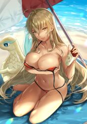 1girls absurdres alternate_costume beach beach_towel beach_umbrella bikini blonde_hair breasts cleavage commission covering dark-skinned_female dark_skin female female_only fire_emblem fire_emblem:_the_binding_blade highres igrene_(fire_emblem) iria_(yumeirokingyo) large_breasts long_hair looking_at_viewer lotion mole mole_under_eye nintendo nipple_slip nipples non-web_source red_bikini red_swimsuit skeb_commission smile swimsuit tanning_oil towel umbrella very_long_hair wet wet_hair yellow_eyes rating:Questionable score:91 user:kris923