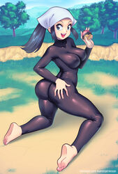 1girls akari_(pokemon) barefoot big_ass big_breasts big_butt feet female fully_clothed kneeling nintendo pokemon pokemon_legends:_arceus solo supersatanson tight_clothing rating:Explicit score:207 user:lazx