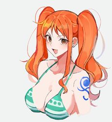 1girls alternate_hairstyle big_breasts bikini bikini_top_only breasts busty cleavage cute female female_only green_bikini grey_background hi_res large_breasts looking_at_viewer nami one_piece open_mouth orange_eyes orange_hair post-timeskip saram_80 smile solo swimsuit tattoo twintails rating:Safe score:199 user:spk120