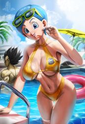 1boy 1girls big_breasts bikini black_hair blue_eyes blue_eyes_female blue_hair blue_hair_female breasts bulma_briefs cameltoe chair dragon_ball dragon_ball_super dragon_ball_super_super_hero ear_piercing earrings elitenappa female happy happy_female human husband_and_wife large_breasts looking_at_another looking_at_viewer looking_back male milf mother muscular_male nipple_bulge nipples pearl_earrings piercing pool poolside saiyan smile smiling smiling_at_viewer sunglasses sunglasses_on_head thick_thighs umbrella vegeta wide_hips yellow_bikini rating:Explicit score:219 user:Rex_Hollins