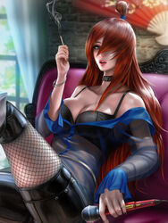 1girls artist_name auburn_hair bare_shoulders bra breasts character_name choker cigarette cleavage clothing female female_only fishnet_stockings green_eyes hair_over_one_eye hi_res holding_object leather lipstick long_boots looking_at_viewer makeup mei_terumi microphone nail_polish naruto naruto_(series) naruto_shippuden orange_hair realistic red_hair see-through see-through_clothing shirt smoking solo stockings topknot transparent_clothing yam_spectrum rating:Questionable score:117 user:2BHonestWU