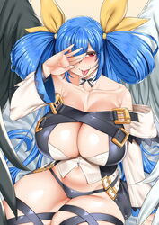 1girls :p angel_wings asymmetrical_wings bangs bare_shoulders belt black_panties blue_hair blush breasts cameltoe cleavage collarbone commentary_request commission covering_face dizzy_(guilty_gear) era_(erasion) female guilty_gear guilty_gear_xrd hair_between_eyes hair_ribbon hair_rings highres huge_breasts long_hair looking_at_viewer mature_female midriff milf naughty_face navel panties plump red_eyes ribbon seductive_smile smh1069 smile solo thick_thighs thighs tongue tongue_out twintails very_long_hair rating:Questionable score:80 user:vagabond512