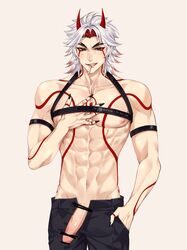 1boy abs arataki_itto bar_censor black_nails black_pants censored genshin_impact highres horns long_hair male_focus male_only male_underwear mouth_hold multicolored_hair muscular muscular_male nipples oni_horns pants penis red_eyes rourouki tagme tattoo tobacco underwear white_hair rating:Explicit score:31 user:bot