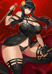 assassin belly_button black_clothing black_dress black_hair black_legwear black_panties breasts cleavage fingerless_gloves gloves gurimjang large_breasts needle painted_nails panties red_background red_hair spy_x_family stiletto_(weapon) string_panties thick_thighs thighhighs thighs thorn_princess wide_hips yor_briar yor_forger rating:Questionable score:142 user:CalZone