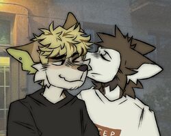  anthro blush canid canine canis closed_eyes domestic_dog duo ear_piercing kissing maggotnizer male male/male mammal photo_background photography_(artwork) piercing  rating:safe score: user:bot