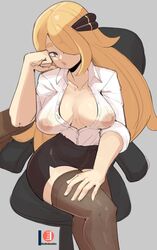 1girls big_breasts blonde_hair blouse breasts chair cleavage collared_shirt cynthia_(pokemon) eyelashes eyeliner female female_focus female_only formal game_freak hair_ornament hi_res legwear lingerie lipstick long_hair makeup miniskirt nintendo nipples nipples_visible_through_clothing nudiedoodles office_lady pencil_skirt pokemon pokemon_(game) pokemon_dppt see-through shirt side_slit sitting sitting_on_chair skirt stockings thighhighs thighs very_long_hair wing_collar rating:Questionable score:136 user:Thebuki