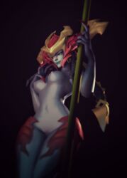 claws depth_of_field dragon_girl face_focus headgear inviting jewelry large_breasts league_of_legends league_of_legends:_wild_rift long_braid makeup shyvana simple_background smiling_at_viewer soft_lighting stripper_pole twintails vagina wide_hips rating:Explicit score:30 user:ILostGod4her