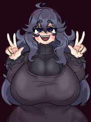 1girls ahegao ahoge big_breasts black_background black_dress black_hair black_sweater breasts eyes_rolling_back female fujoshi hex_maniac huge_breasts inakotho long_hair pokemon silly_face simple_background solo solo_female tagme turtleneck turtleneck_sweater v_sign wide_hips rating:Questionable score:119 user:conmazda